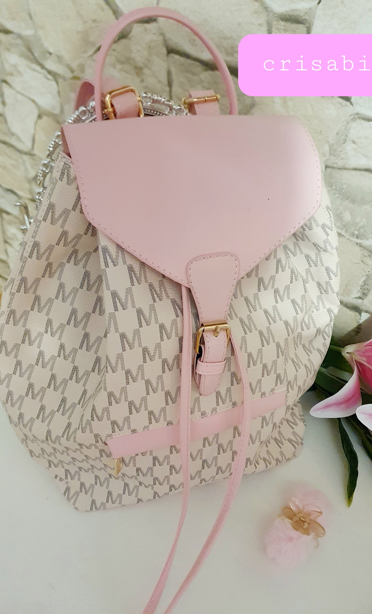 Rucksack Rose Beig Farben mit Haarspange Spiegel Haarbürste Geschenkpack