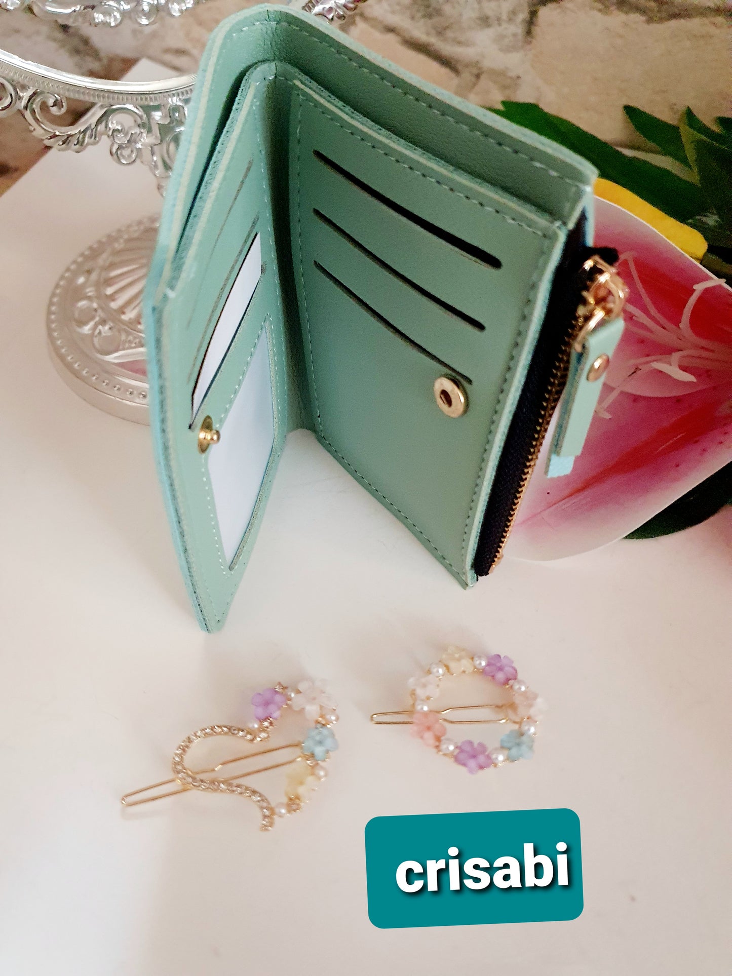 Geschenkpack Portemonnaie Geldbörse mit Haargummis Rose Grünne Farben