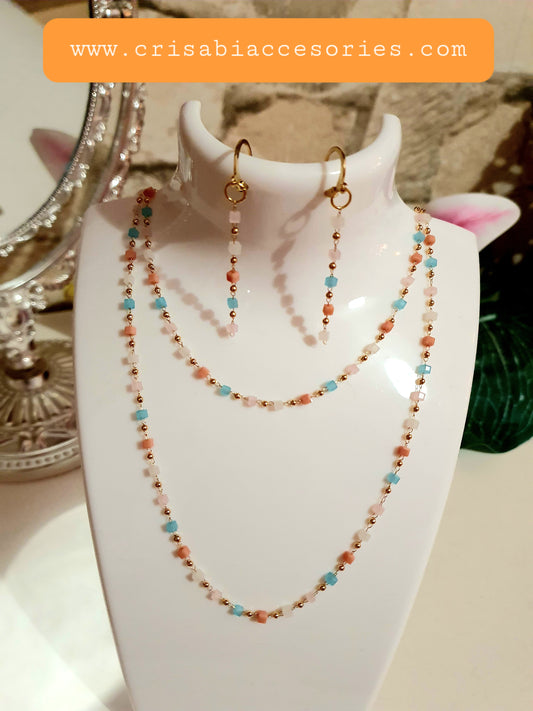 Vergoldeten Set Halskette Ohrringen kleinen Quadrat Perlen verschidenen Farben