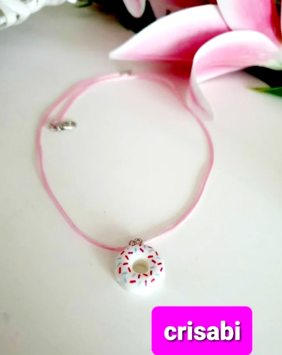 Donuts Mädchen Damen Halskette Fade Kette Handmade Weiße Rose Silberfarben