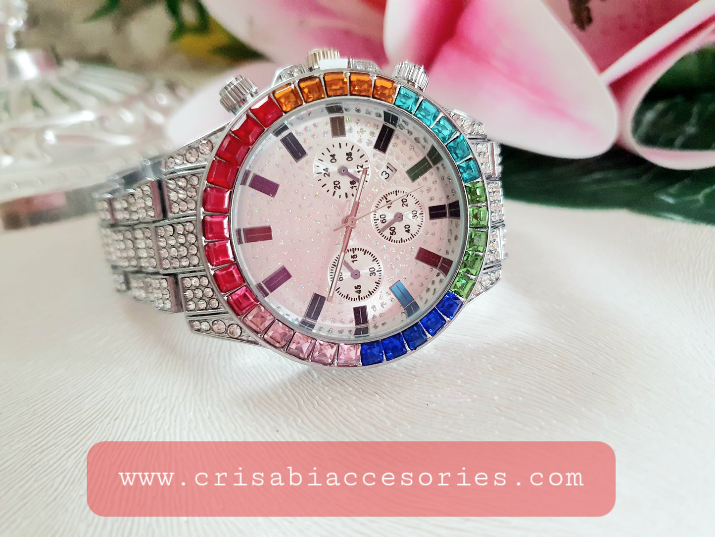Mode Luxus Herrenuhr mit Künstlichem Regenbogen Kristall Legierungsstahlarmband Kalender und Quarzwerk