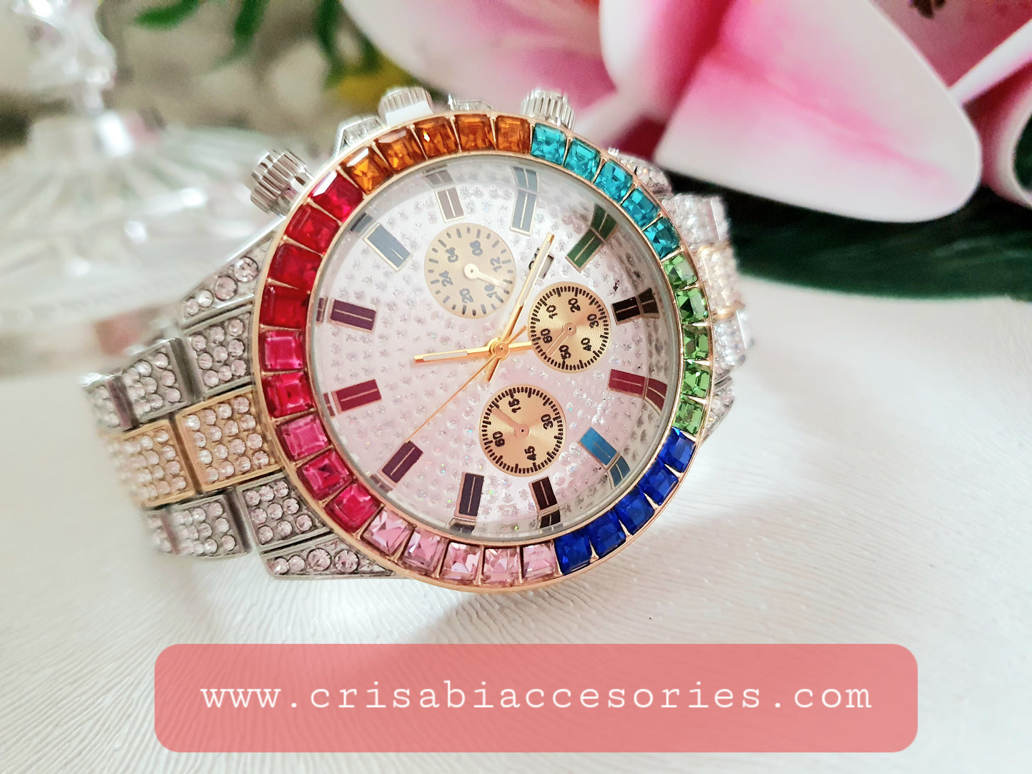 Mode Luxus Herrenuhr mit Künstlichem Regenbogen Kristall Legierungsstahlarmband Kalender und Quarzwerk