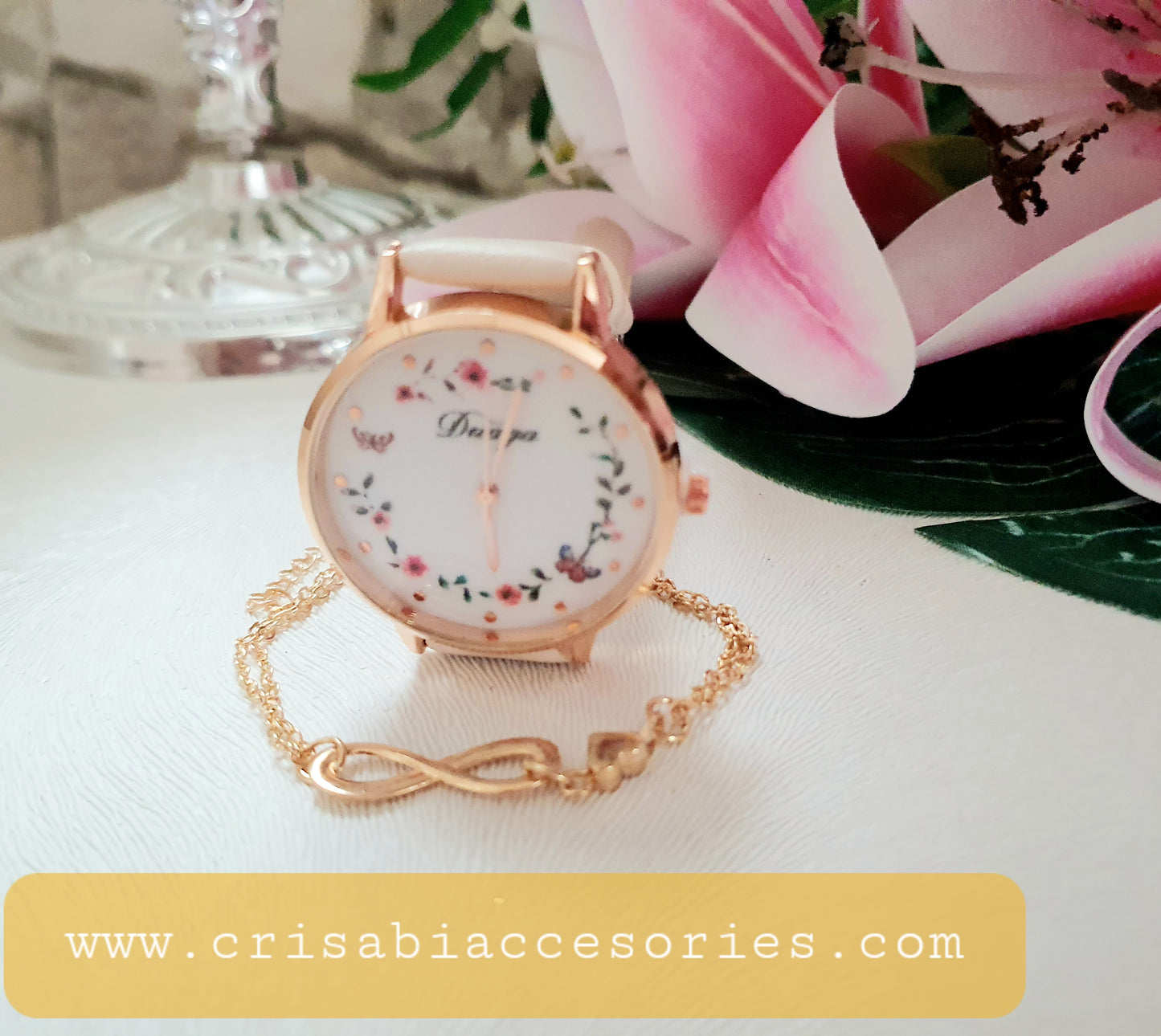 Damen Uhr Blumen Quarzuhr Modische Analoge PU-Leder Armbanduhr und 1 Armband Ideale Geschenke