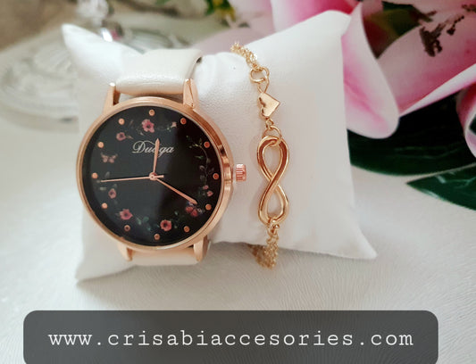 Damen Uhr Blumen Quarzuhr Modische Analoge PU-Leder Armbanduhr und 1 Armband Ideale Geschenke